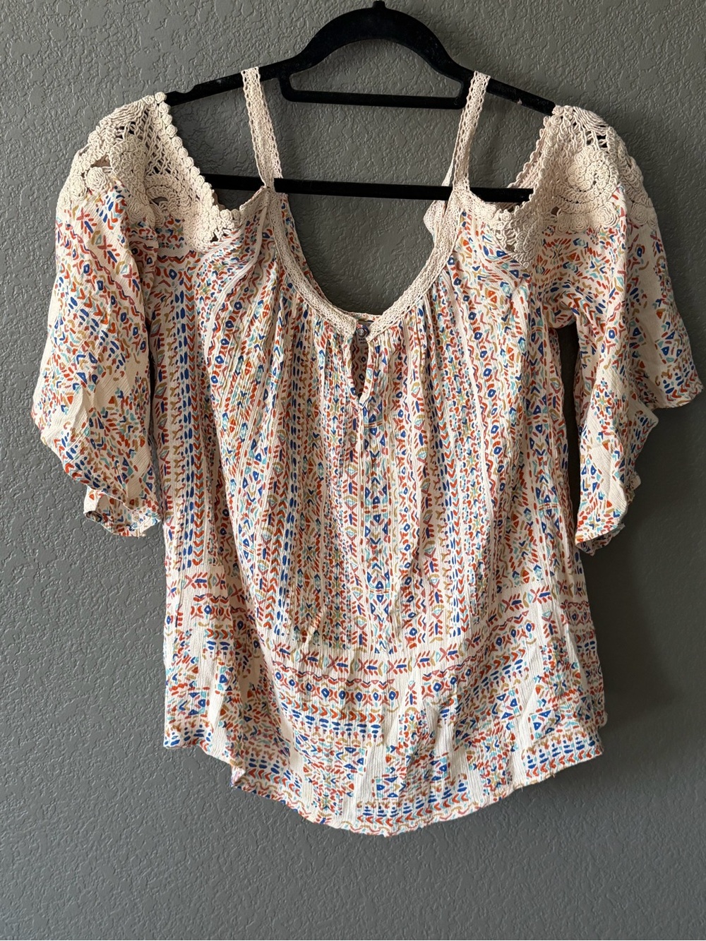 Patrons of Peace Cream Boho Peasant Blouse with Blue & Orange Print